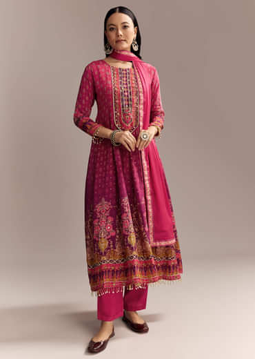 Red Ombre Crepe Printed Anarkali Suit With Embroidery And Tassels