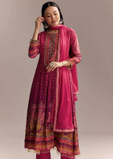 Red Ombre Crepe Printed Anarkali Suit With Embroidery And Tassels