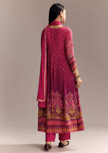 Red Ombre Crepe Printed Anarkali Suit With Embroidery And Tassels