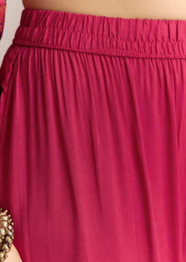 Red Ombre Crepe Printed Anarkali Suit With Embroidery And Tassels