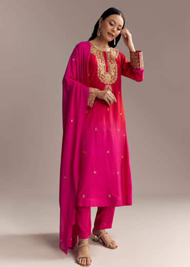 Red Ombre Silk Anarkali Suit With Zari Work