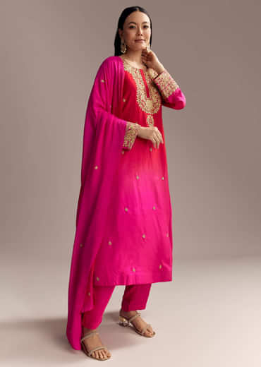 Red Ombre Silk Anarkali Suit With Zari Work