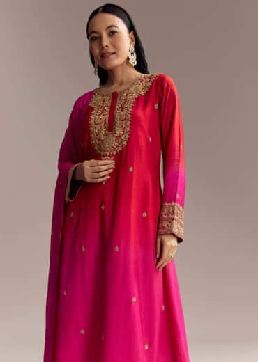 Red Ombre Silk Anarkali Suit With Zari Work