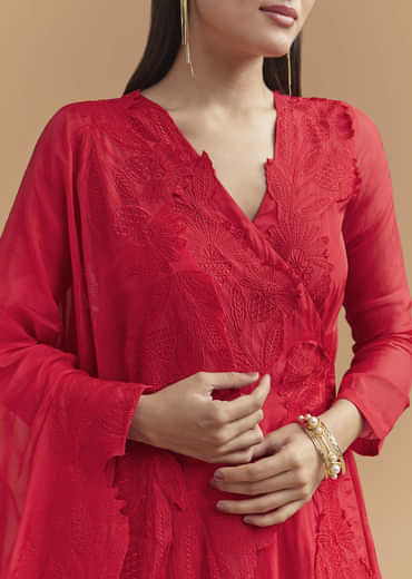 Red Organza Anarkali Suit With Intricate Resham Work