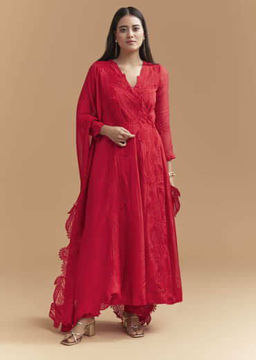 Red Organza Anarkali Suit With Intricate Resham Work