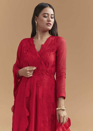 Red Organza Anarkali Suit With Intricate Resham Work