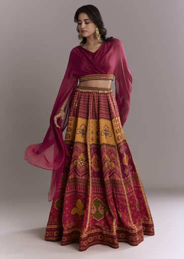 Red Organza Crop Top And Printed Skirt Set With Mirror Work