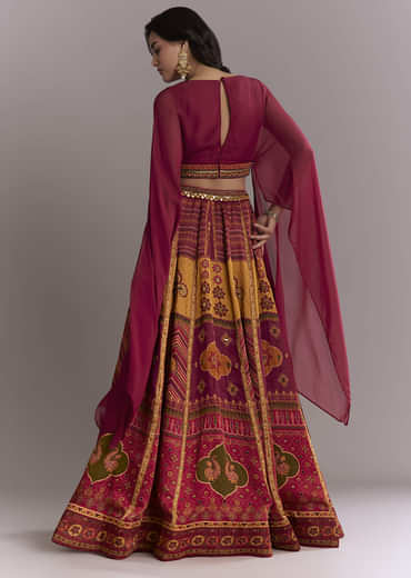 Red Organza Crop Top And Printed Skirt Set With Mirror Work