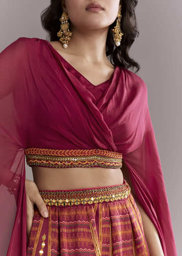 Red Organza Crop Top And Printed Skirt Set With Mirror Work