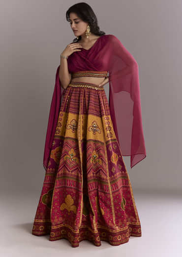 Red Organza Crop Top And Printed Skirt Set With Mirror Work