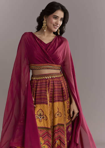 Red Organza Crop Top And Printed Skirt Set With Mirror Work