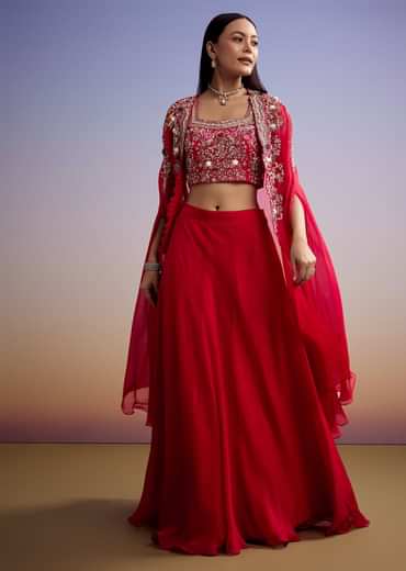 Red Organza Crop Top And Skirt Set With Embroidered Cape
