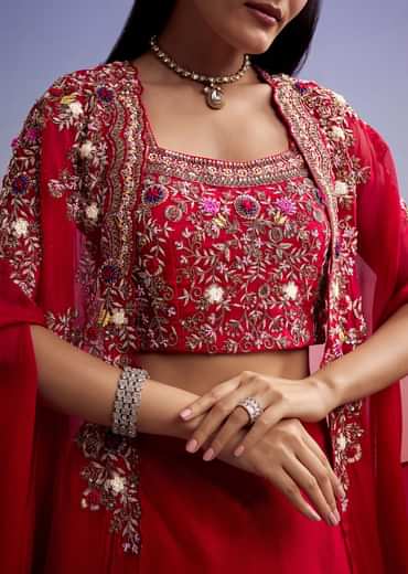 Red Organza Crop Top And Skirt Set With Embroidered Cape