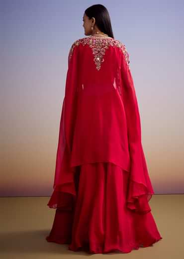 Red Organza Crop Top And Skirt Set With Embroidered Cape