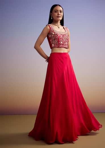 Red Organza Crop Top And Skirt Set With Embroidered Cape