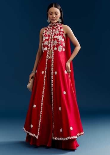 Red Palazzo Suit With Mirror And Moti Work Front Slit Kurta