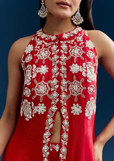 Red Palazzo Suit With Mirror And Moti Work Front Slit Kurta