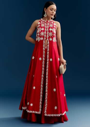 Red Palazzo Suit With Mirror And Moti Work Front Slit Kurta