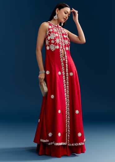 Red Palazzo Suit With Mirror And Moti Work Front Slit Kurta