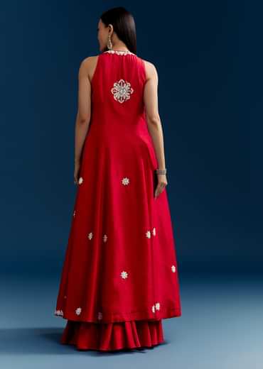 Red Palazzo Suit With Mirror And Moti Work Front Slit Kurta
