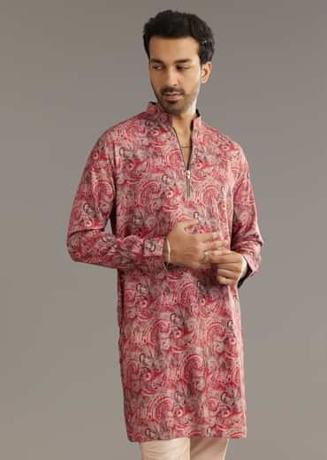 Red Pashmina Silk Zipper Kurta Set With Paisley Swirl Print