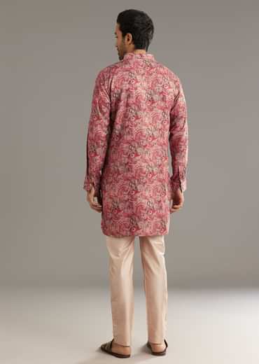 Red Pashmina Silk Zipper Kurta Set With Paisley Swirl Print