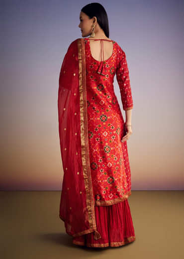 Red Patola And Bandhani Print Kurta Set With Banarasi Dupatta