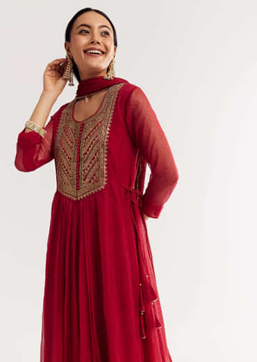 Red Printed Chiffon Sequin Kurta Set With Dupatta
