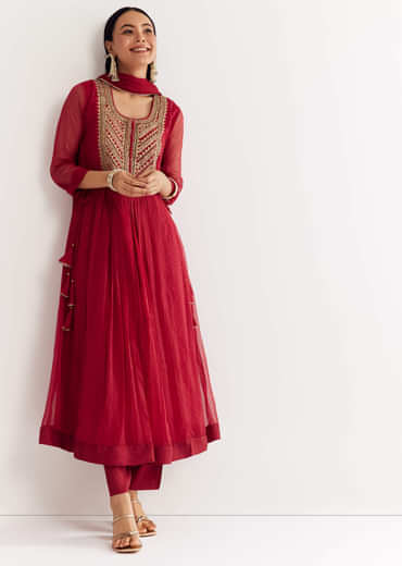 Red Printed Chiffon Sequin Kurta Set With Dupatta