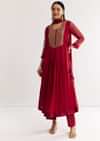 Red Printed Chiffon Sequin Kurta Set With Dupatta