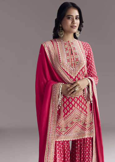 Red Printed Sharara Set