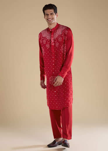 Red Pure Bandhani Silk Mens Straight Kurta Pant Set