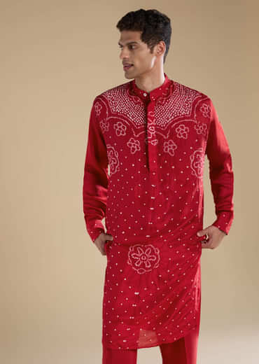 Red Pure Bandhani Silk Mens Straight Kurta Pant Set