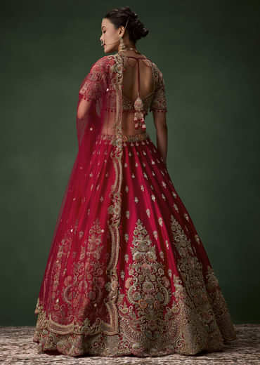 Red Raw Silk Bridal Lehenga Set with Two Dupattas
