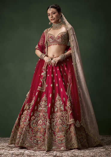 Red Raw Silk Bridal Lehenga Set with Two Dupattas