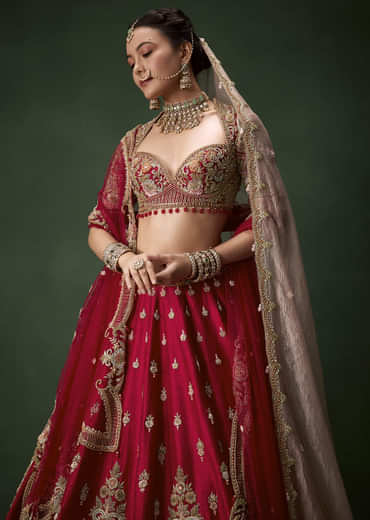 Red Raw Silk Bridal Lehenga Set with Two Dupattas