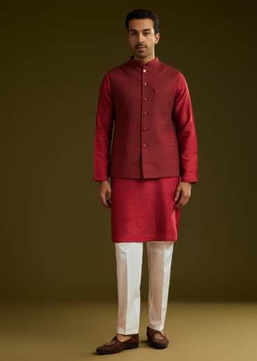 Red Rayon Kurta Jacket Set