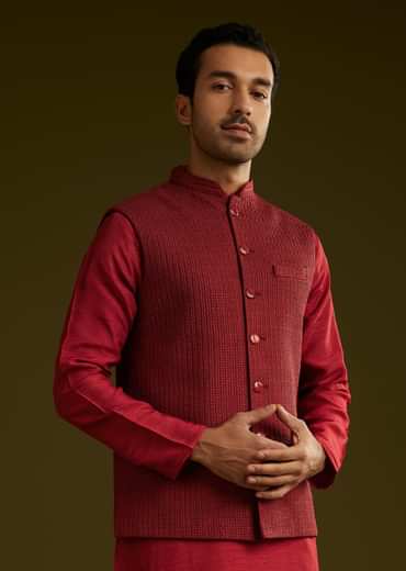 Red Rayon Kurta Jacket Set