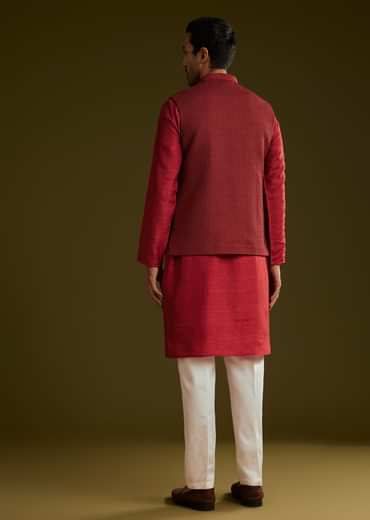 Red Rayon Kurta Jacket Set