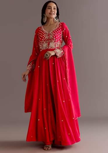 Red Russian Silk Front Slit Cutdana Beaded Kurta Set With Dupatta