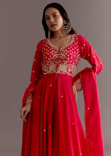 Red Russian Silk Front Slit Cutdana Beaded Kurta Set With Dupatta