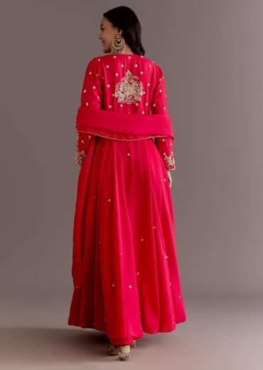 Red Russian Silk Front Slit Cutdana Beaded Kurta Set With Dupatta