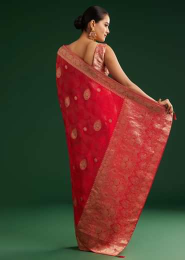 Red Saree With Zari Motif and Heavy Embroidered Blouse