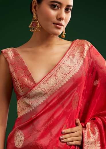 Red Saree With Zari Motif and Heavy Embroidered Blouse