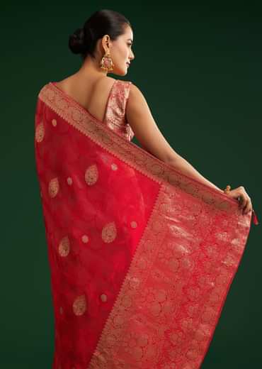 Red Saree With Zari Motif and Heavy Embroidered Blouse