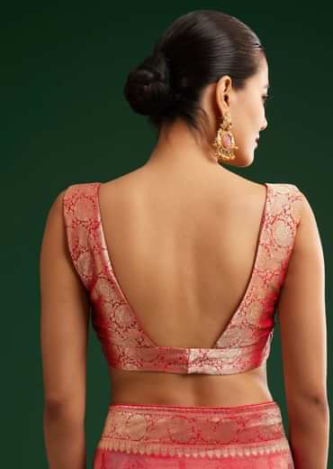 Red Saree With Zari Motif and Heavy Embroidered Blouse