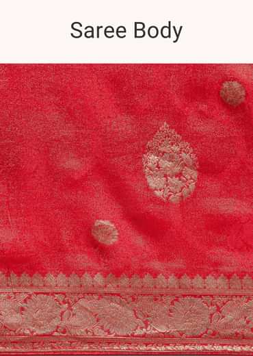 Red Saree With Zari Motif and Heavy Embroidered Blouse