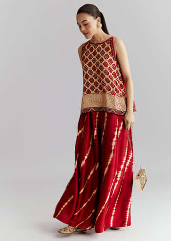 Red Satin Co Ord Set With Bandhani And Leheriya Print