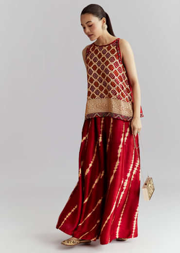 Red Satin Co Ord Set With Bandhani And Leheriya Print