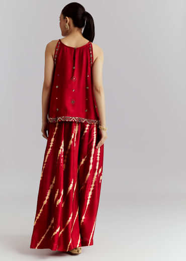 Red Satin Co Ord Set With Bandhani And Leheriya Print